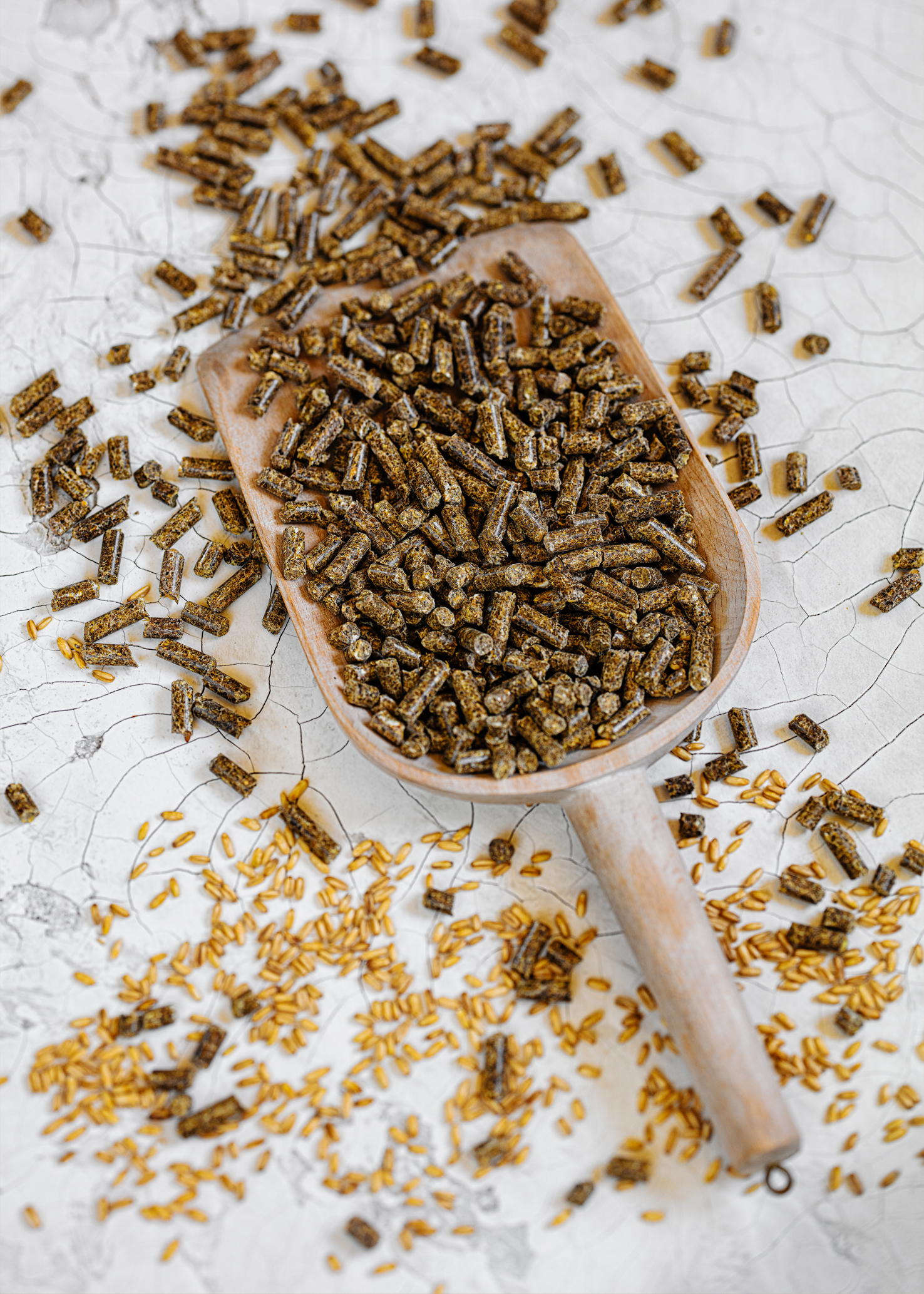 Röschmann Pferdefutter r’ vital komplettpellets auf einer Schippe aus Holz
