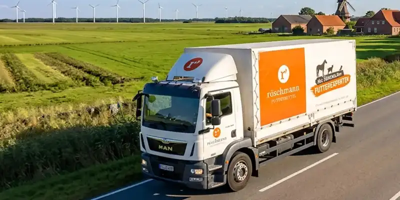 Ein Röschmann-LKW fährt auf einer Landstraße